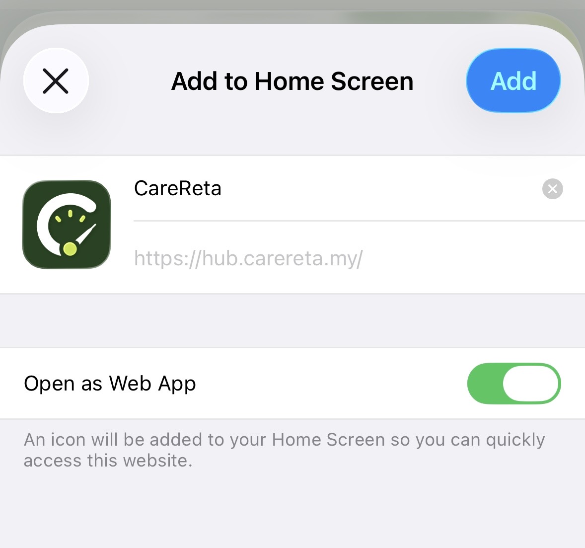 "Add to Home Screen" dialog with the CareReta name and icon