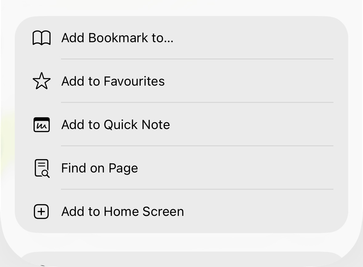Share menu scrolled down, showing the "Add to Home Screen" option