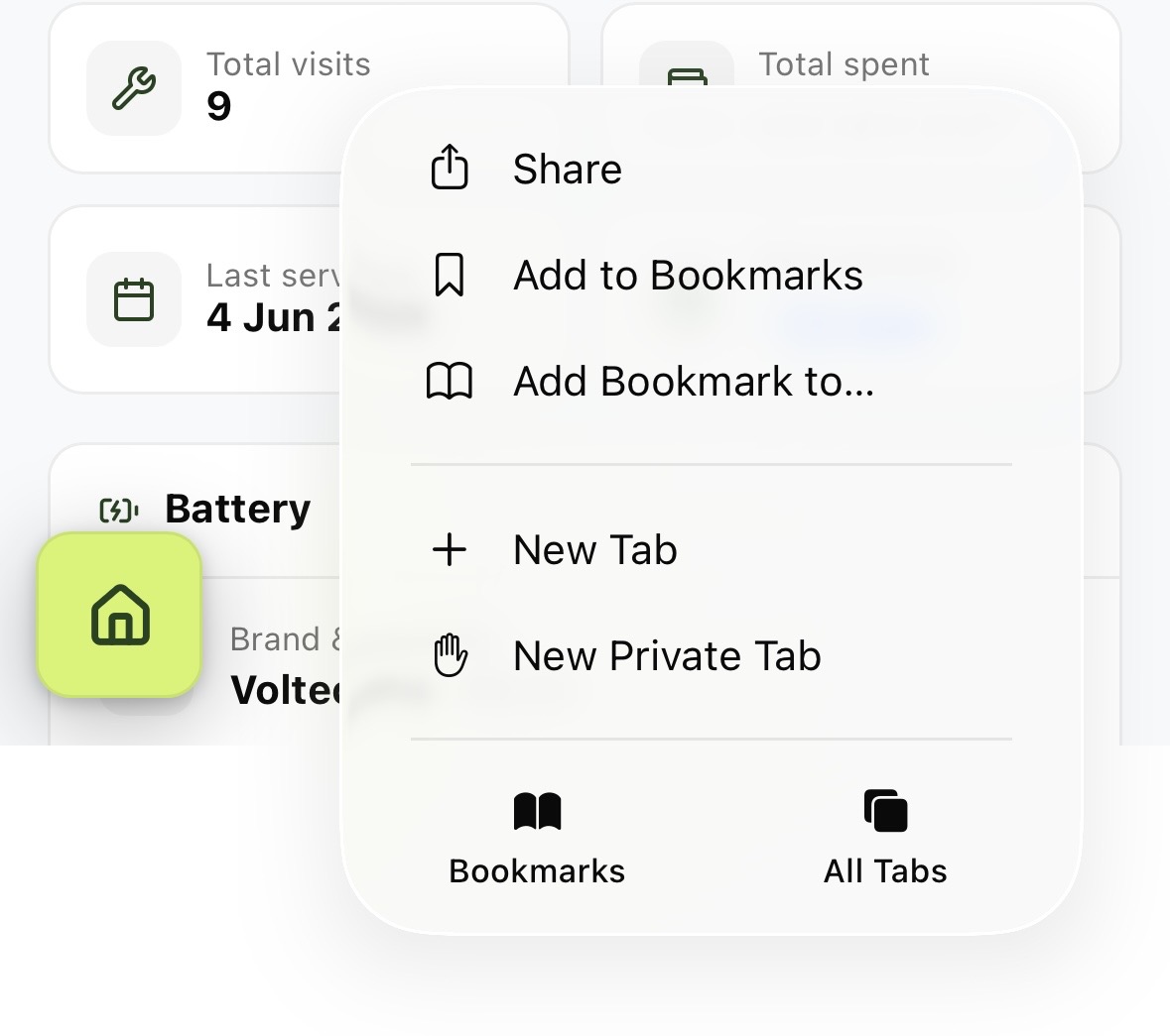 Safari share menu with "Add to Bookmarks" and other options